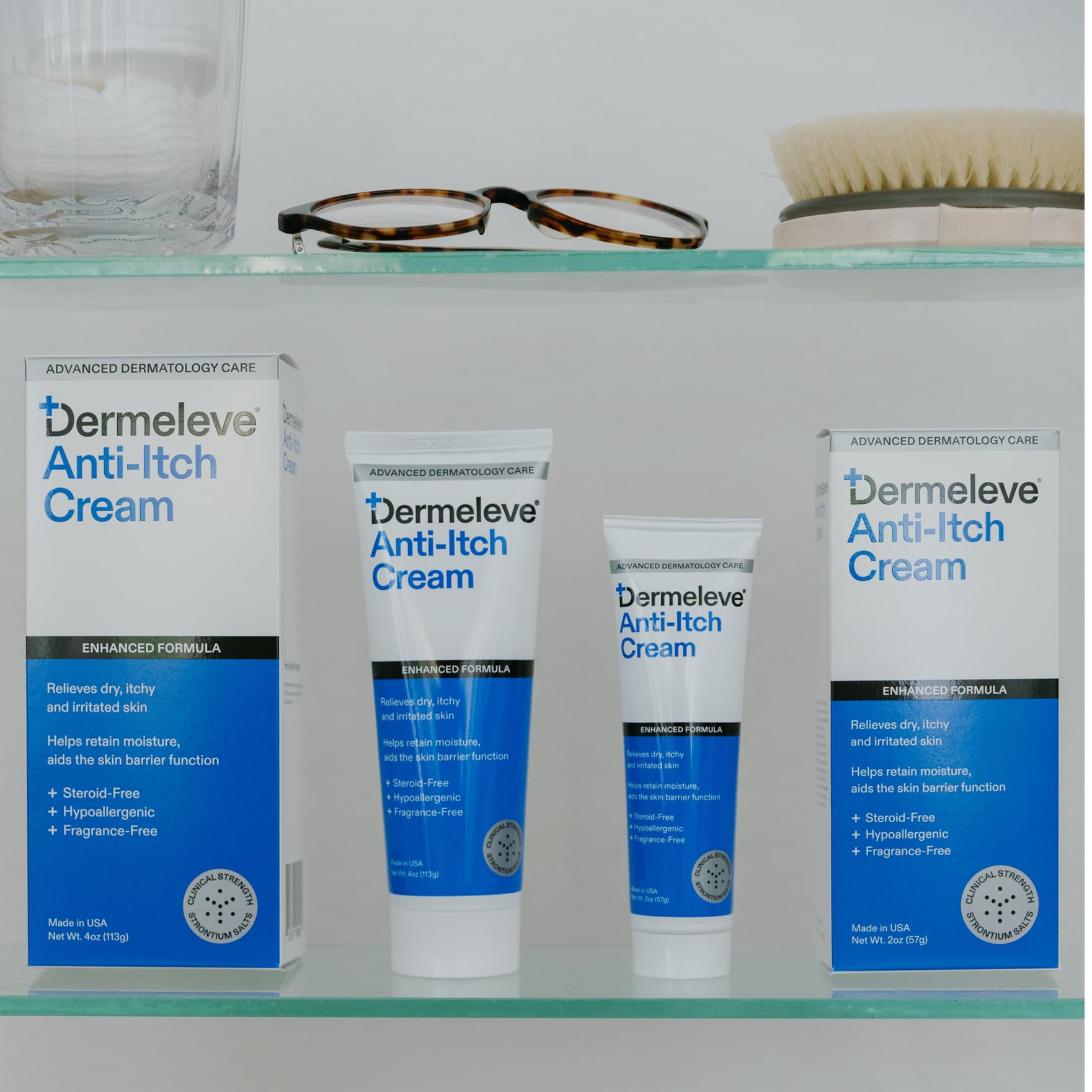 Dermeleve on a bathroom shelf lifestyle shot signaling everyday use