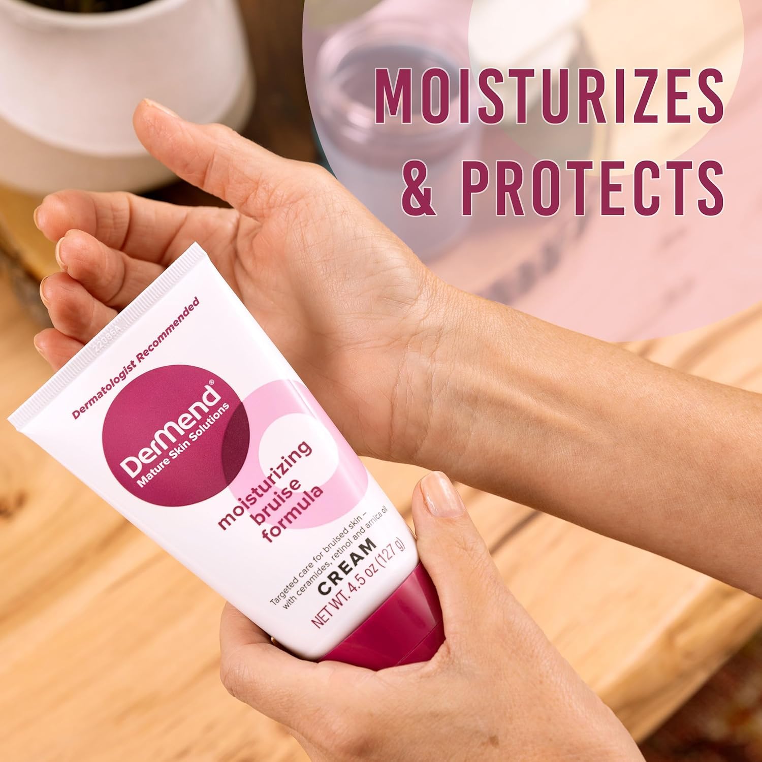 Dermend being applied to hand to soothe fragile skin and reduce discoloration