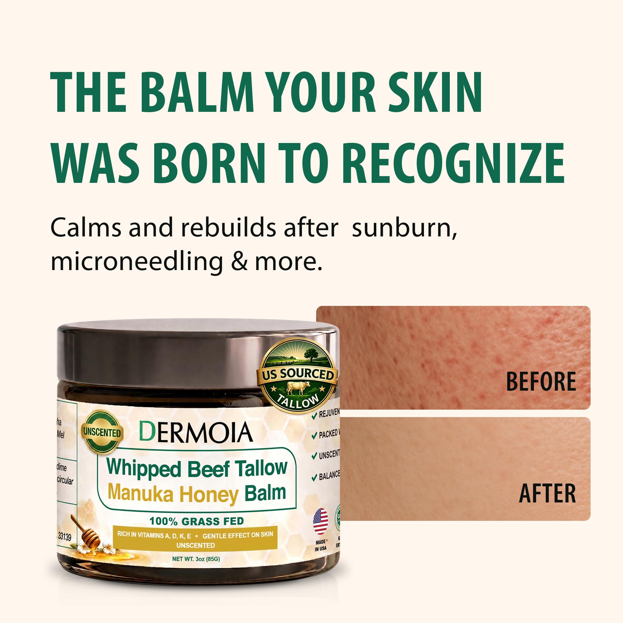 DERMOIA ingredient display including grass-fed tallow highlighting nutrients