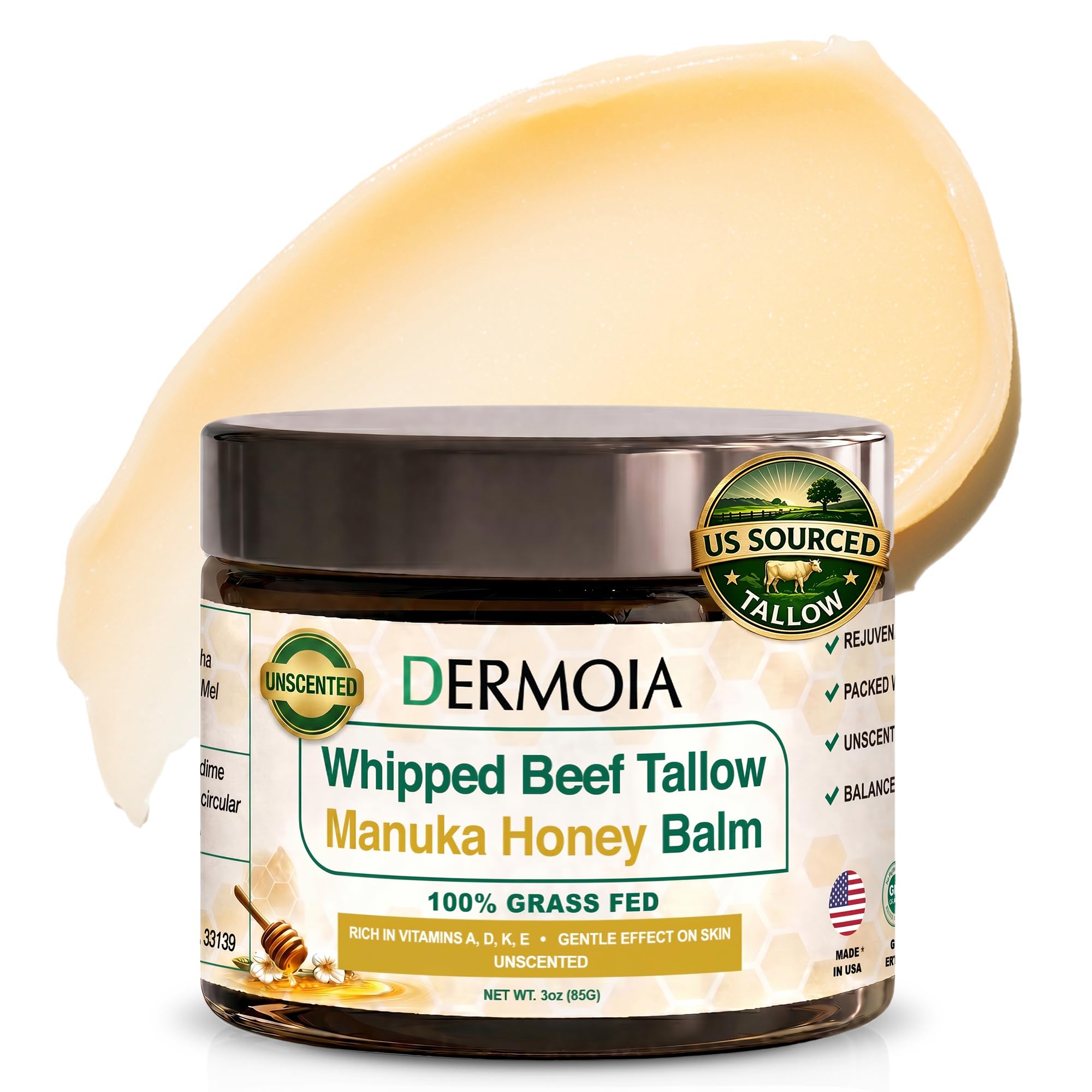 DERMOIA packaging beside a coin showing 3 oz scale and portability