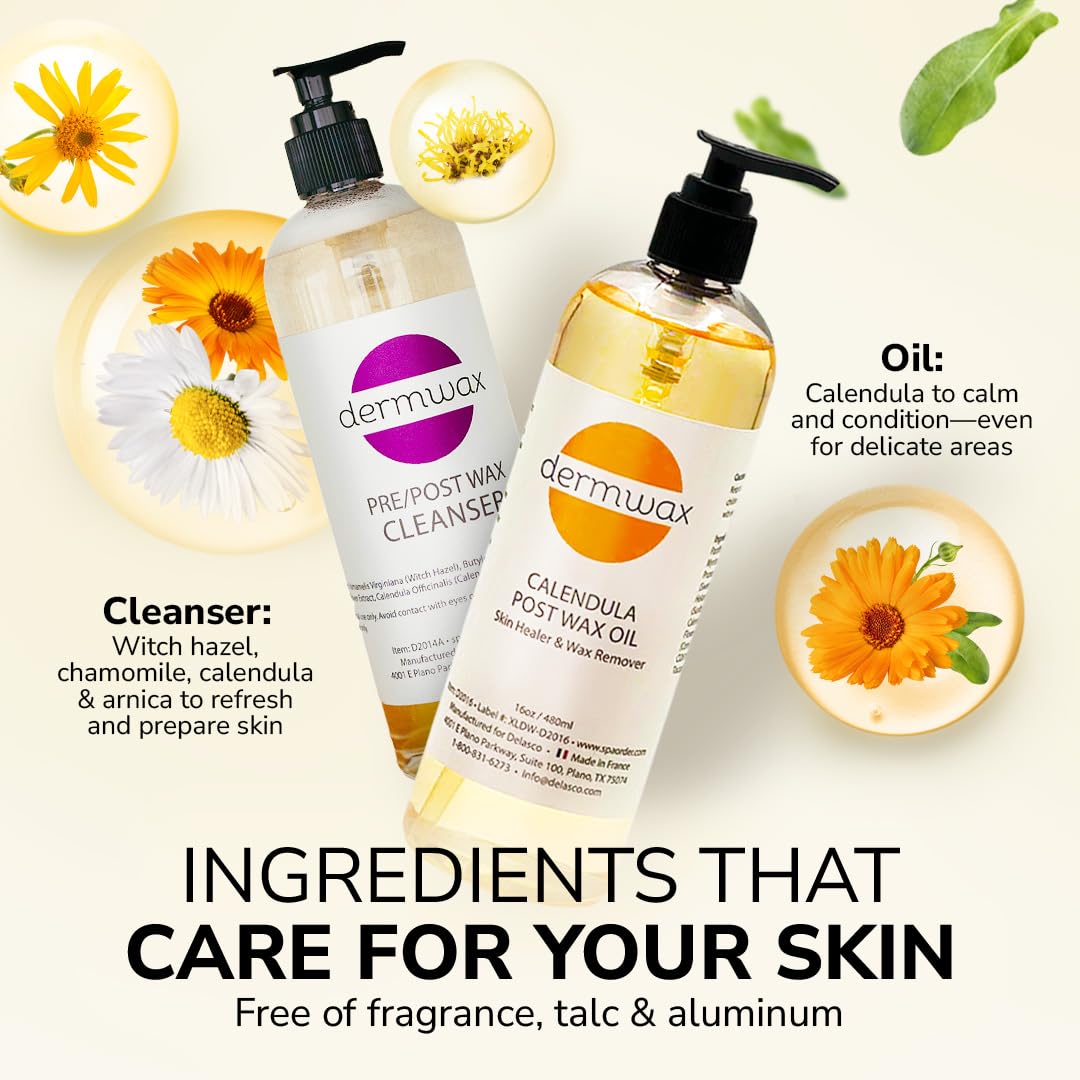 Dermwax calendula oil droplet on hand illustrating residue removal and skin nourishment