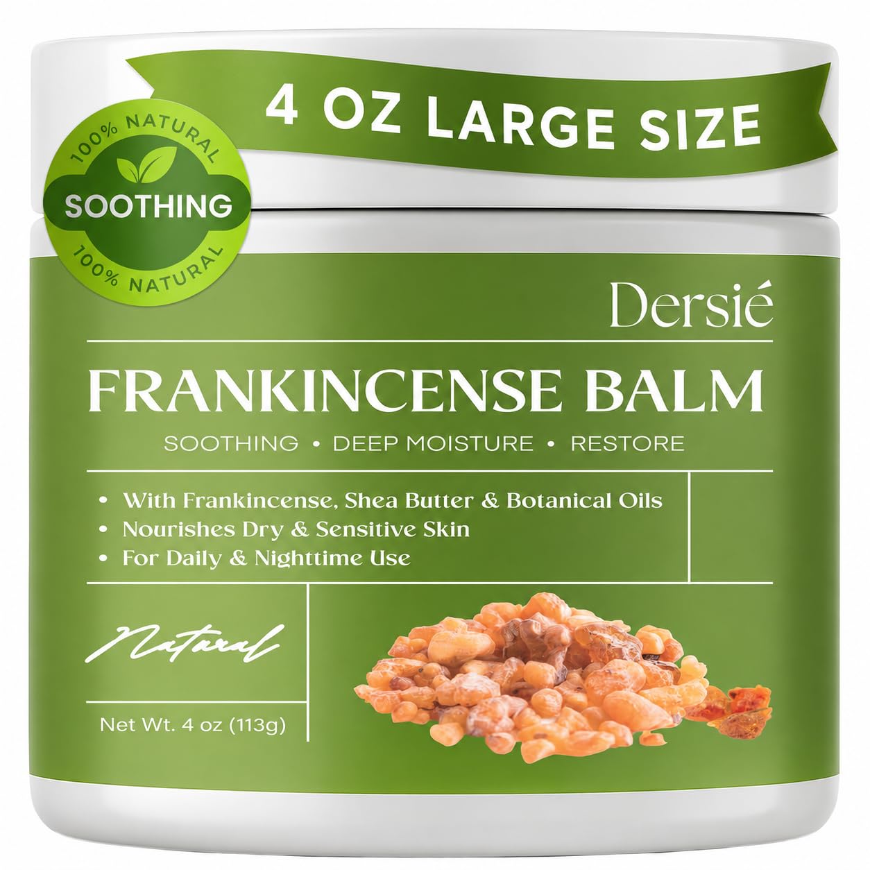 Dersie jar front view showing product and generous 4 oz size benefit