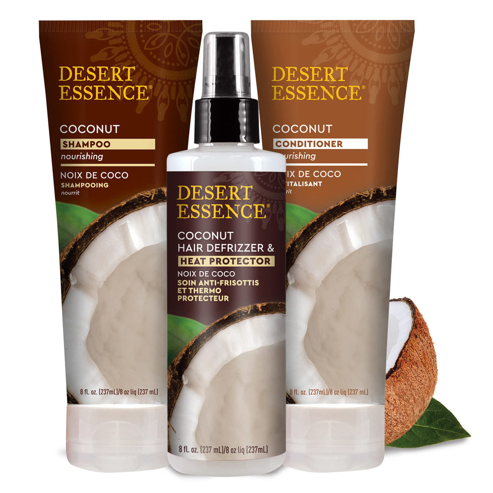 Desert Essence before and after images demonstrating frizz control