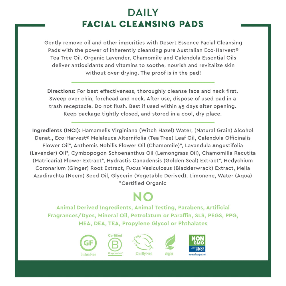 Desert Essence pad being used on face to quickly remove oil and refresh skin