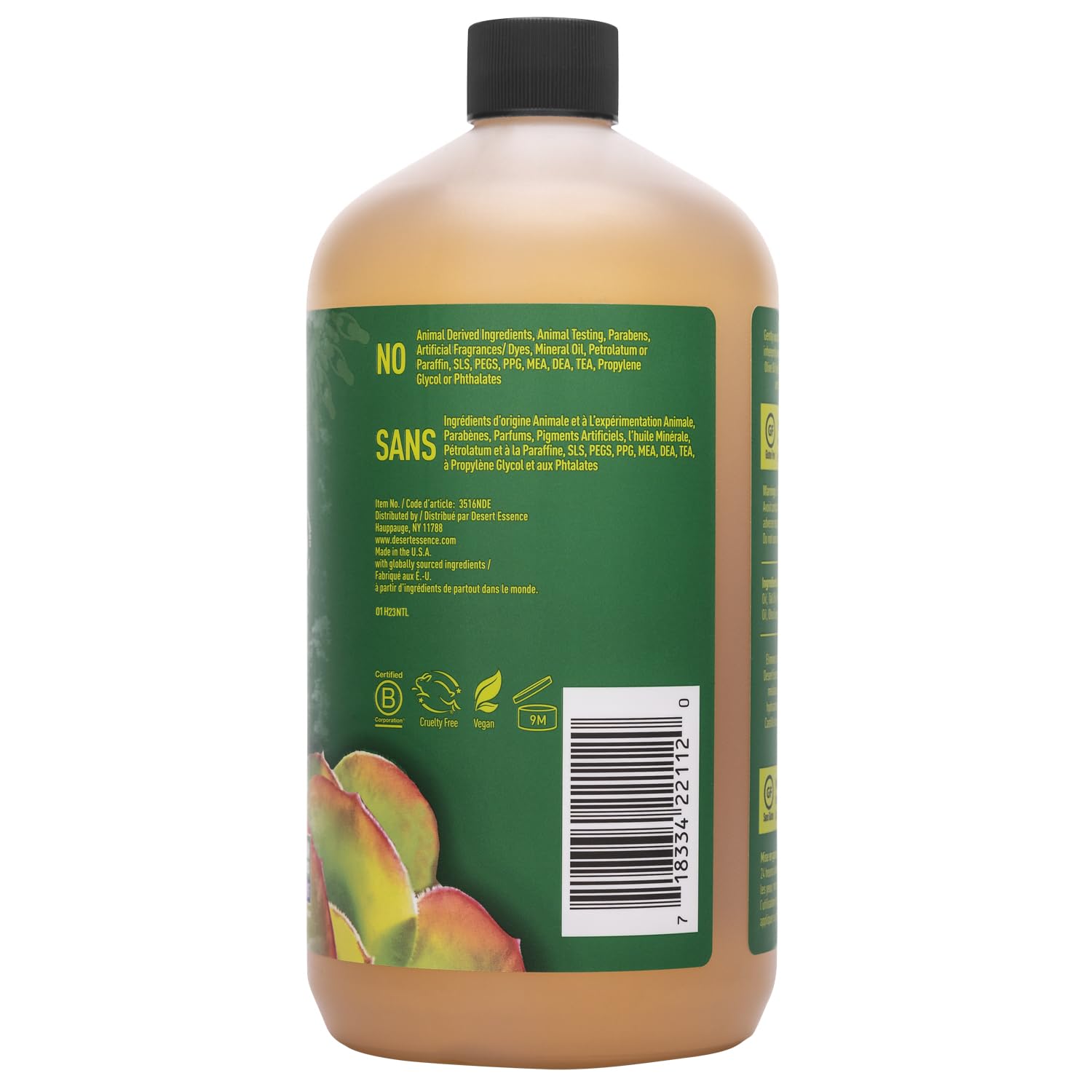 Desert Essence recyclable bottle back label promoting eco-friendly