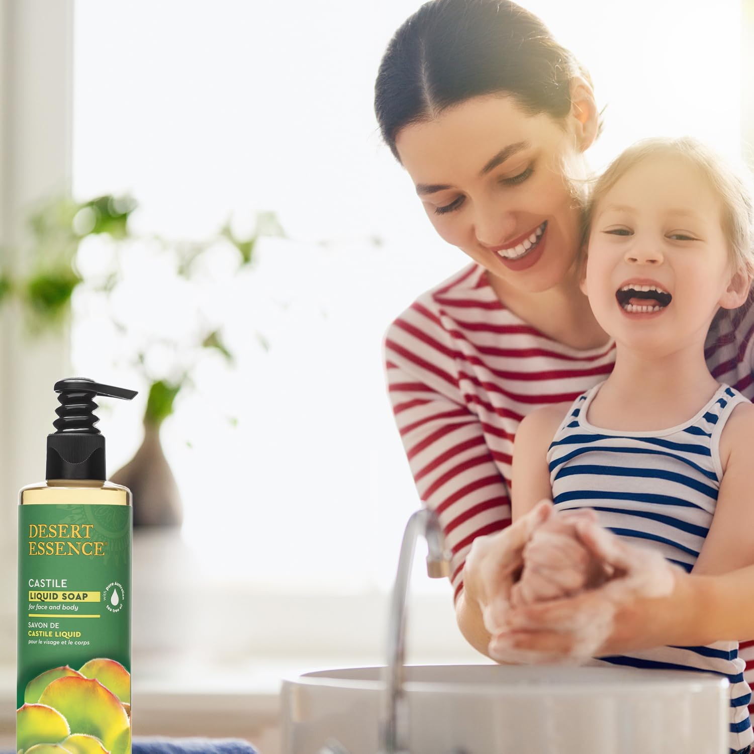 Desert Essence bottle on shower shelf for everyday convenience