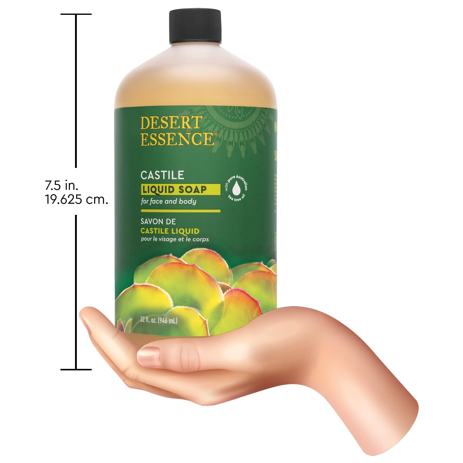 Desert Essence held in hand showing 32 fl oz scale