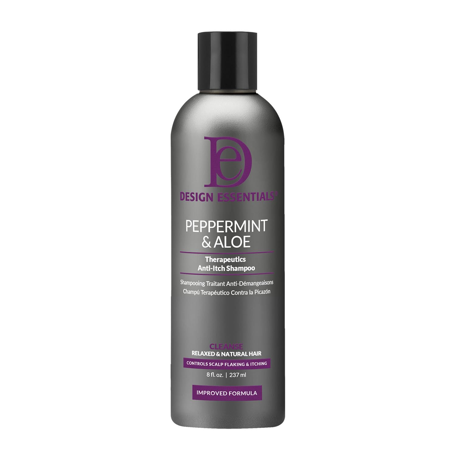 Design Essentials front packaging showing bottle and peppermint aloe branding for relief