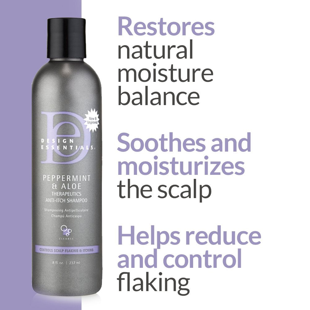 Design Essentials shampoo applied to scalp demonstrating massage and itch-soothing benefit