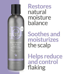 Design Essentials shampoo applied to scalp demonstrating massage and itch-soothing benefit