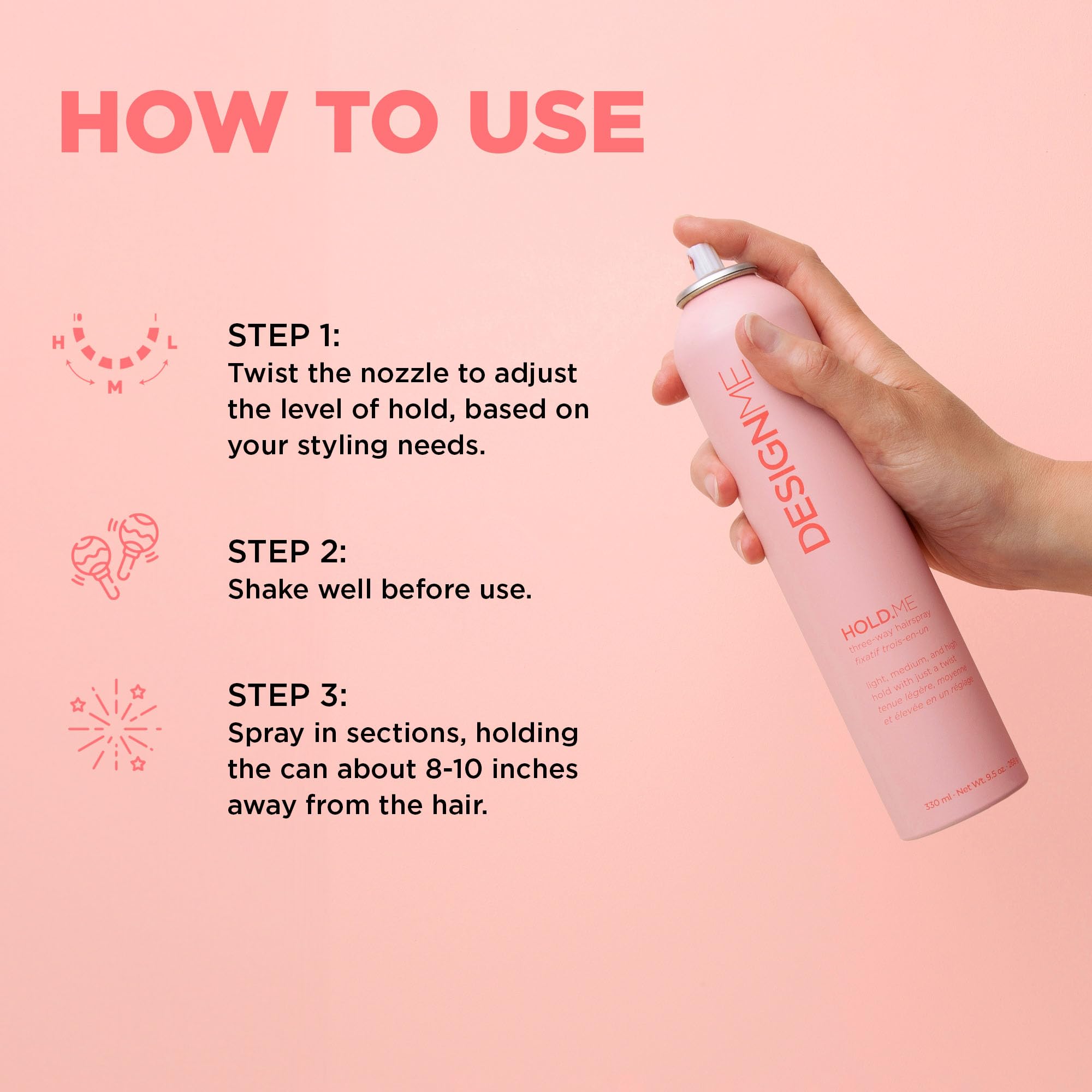 Design.Me hair texture after spray showing soft, touchable hold benefit