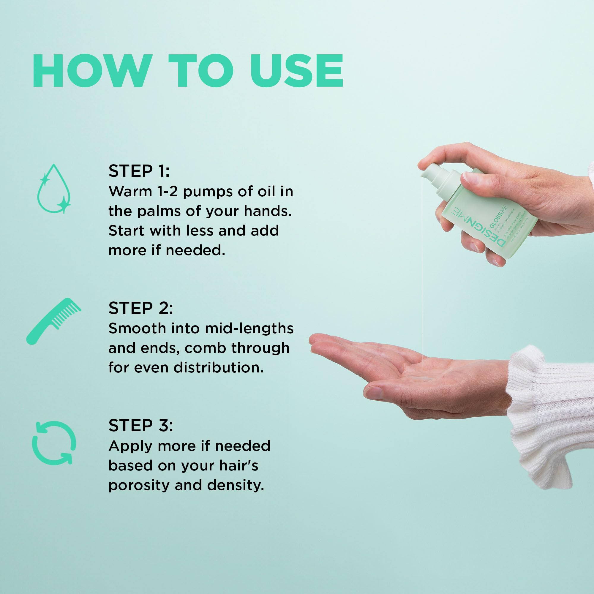 Design.Me model applying serum to ends for smoother, frizz-free hair