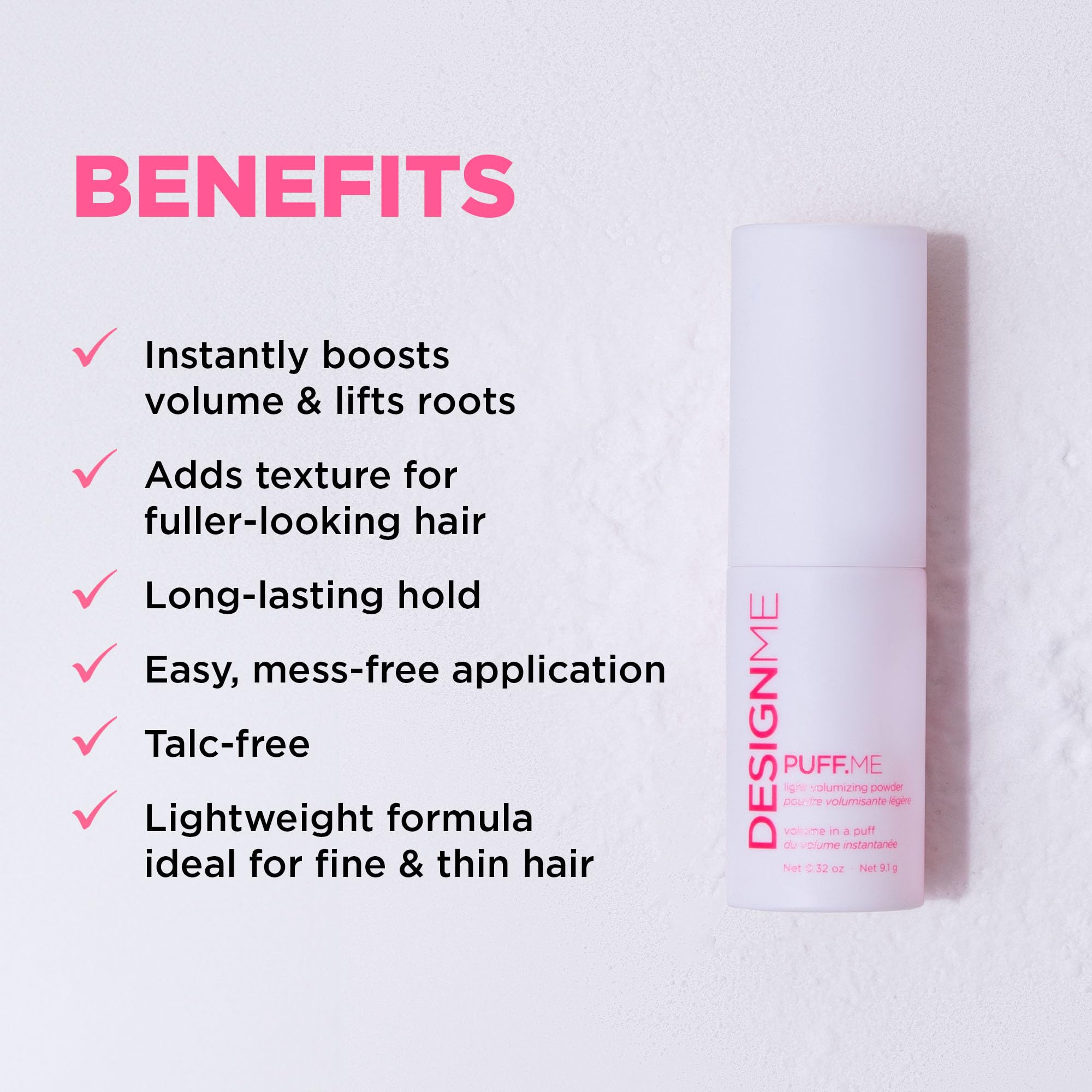 Design.Me PUFF.ME powder texture on fingertips revealing lightweight formula and easy blending benefit