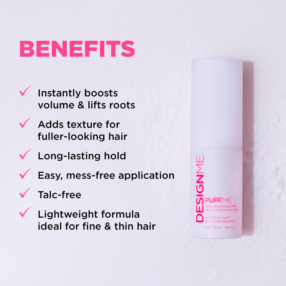 Design.Me PUFF.ME powder texture on fingertips revealing lightweight formula and easy blending benefit