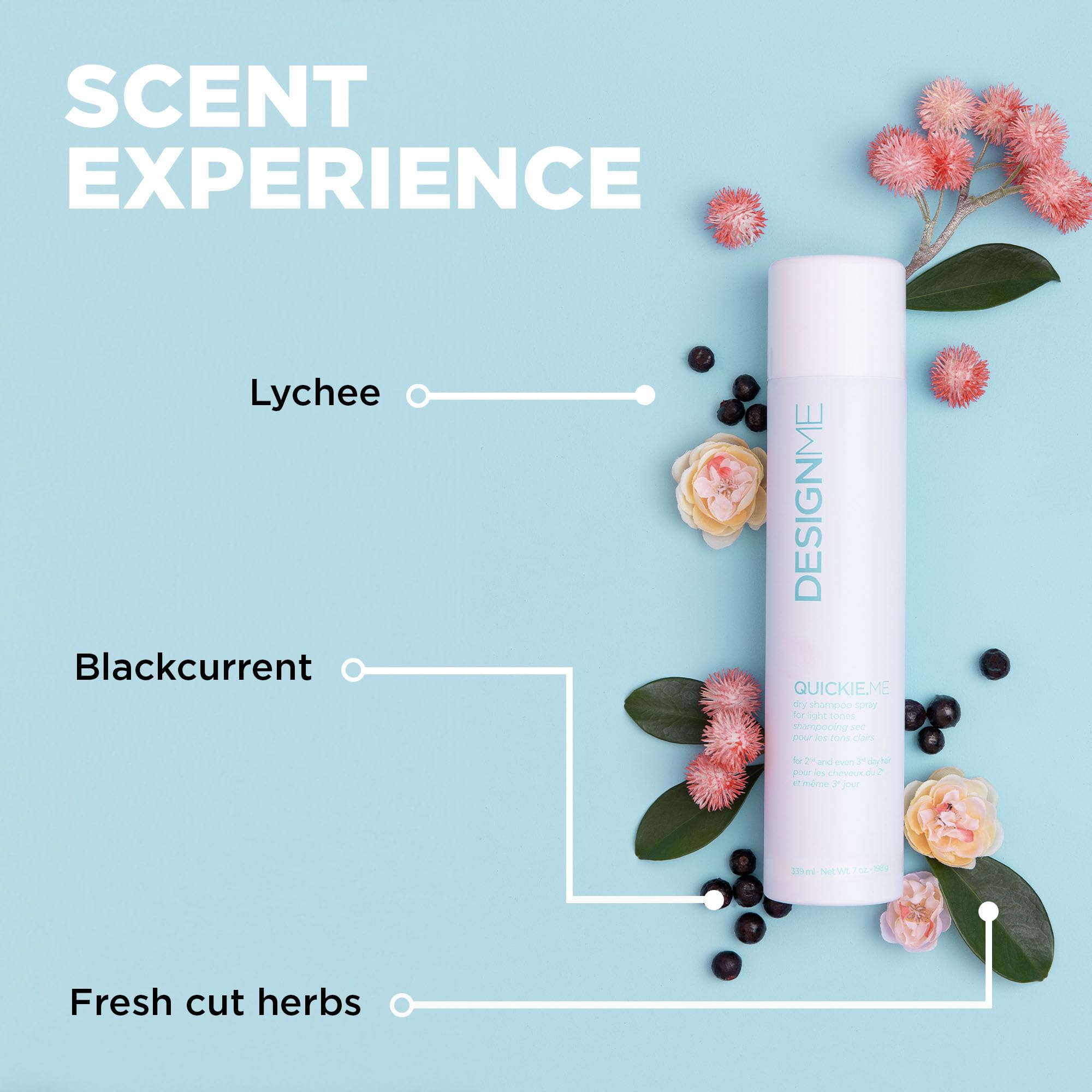 DESIGNME QUICKIE.ME label with ingredient icons highlighting sulfate and paraben free