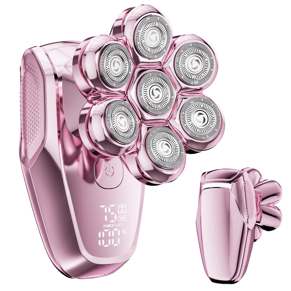 Detona electric shaver front view showing sleek pink champagne finish and compact shape