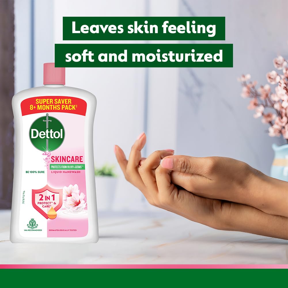 Dettol bottle next to hand showing scale and generous 875ml volume