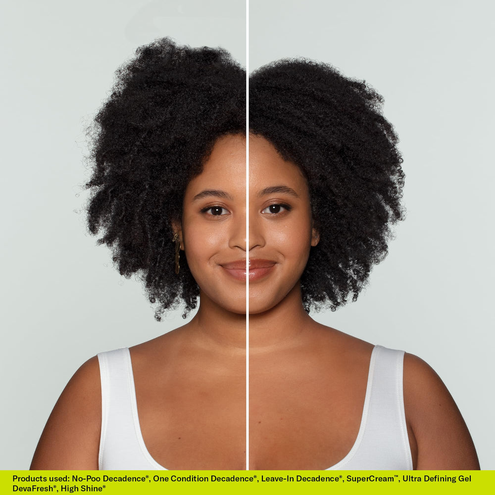 DevaCurl being applied in shower to wet curls showing gentle non-lathering cleanse