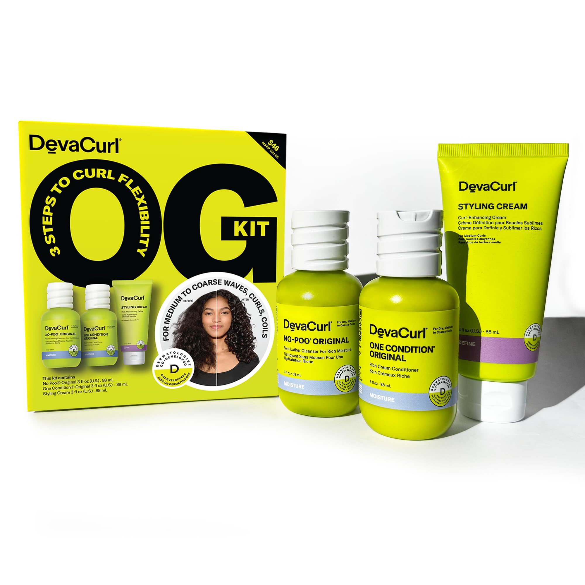DevaCurl OG Kit front packaging showing full travel set and easy routine benefits