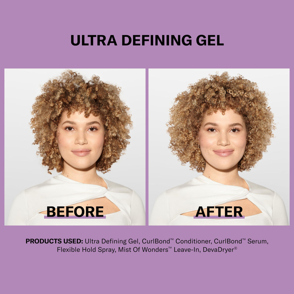 DevaCurl gel being applied to curls demonstrating definition and frizz control benefit
