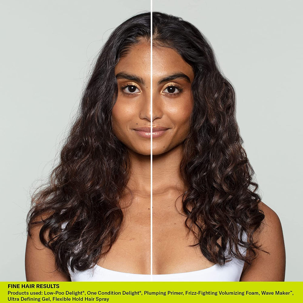 DevaCurl Wave Maker before and after curls showing enhanced definition and reduced frizz