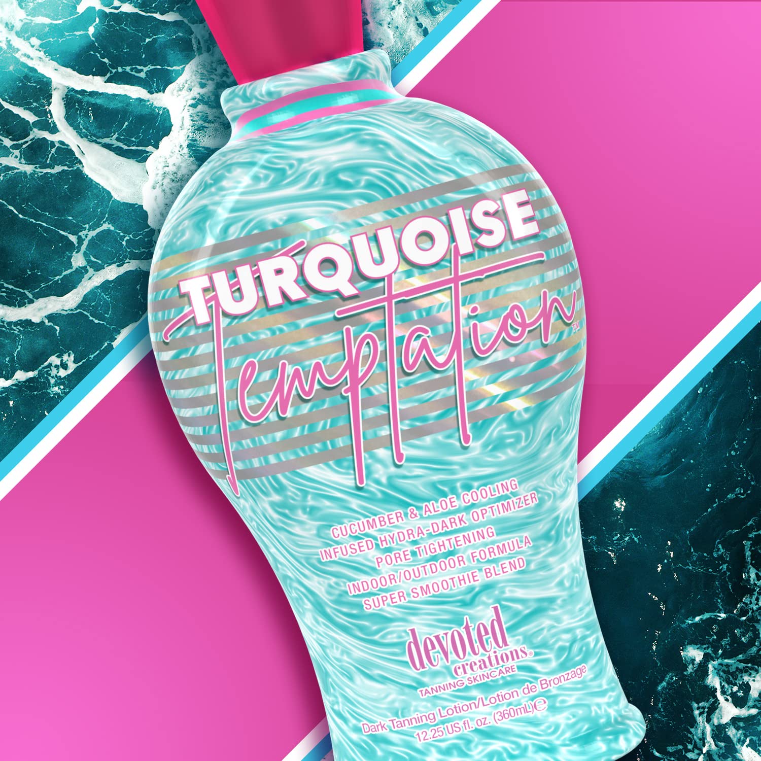Devoted Creations bottle styled with beach items illustrating outdoor tanning use and lifestyle appeal