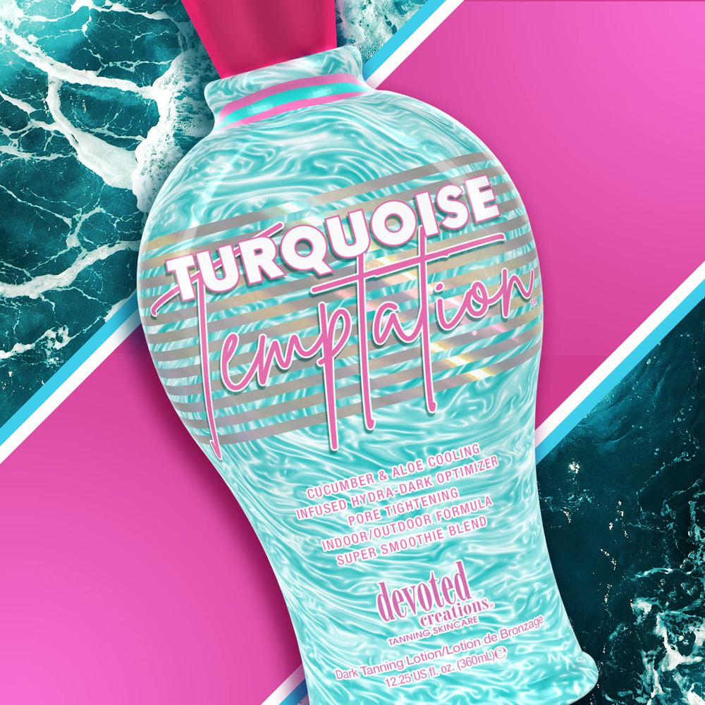 Devoted Creations bottle styled with beach items illustrating outdoor tanning use and lifestyle appeal