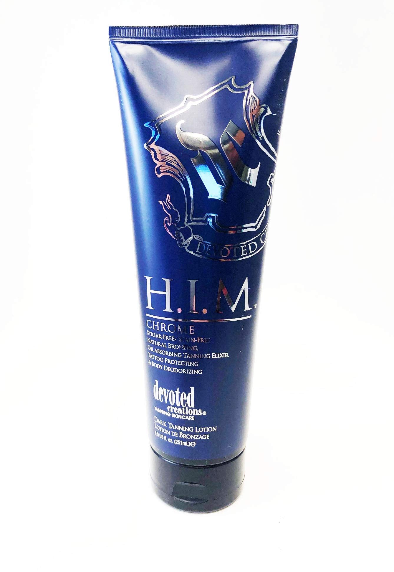 Devoted Creations H.I.M Chrome front packaging showing label and size 8.5 oz for confident tanning