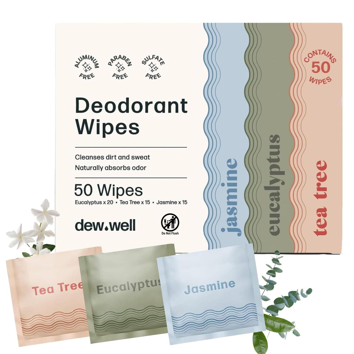 Dew Well front packaging showing 50-count travel deodorant wipes for instant freshness