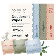 Dew Well front packaging showing 50-count travel deodorant wipes for instant freshness