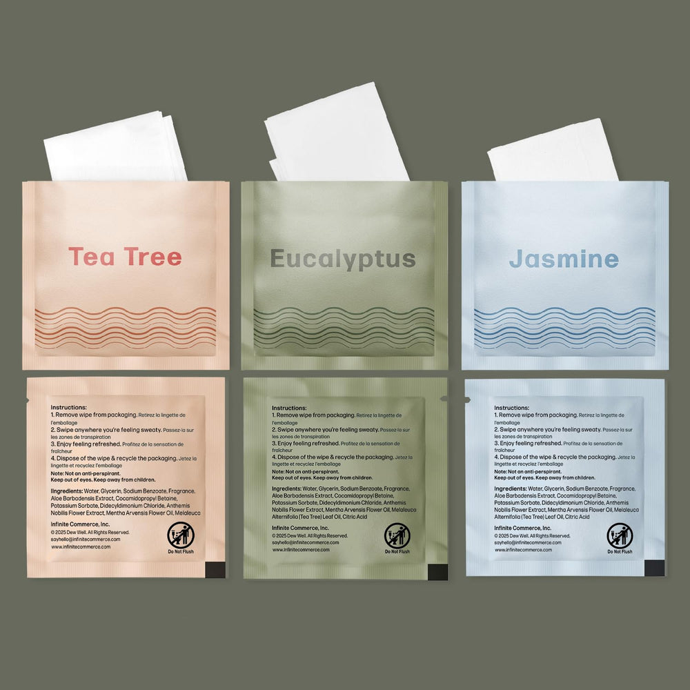 Dew Well individually wrapped wipe pouch highlighting portability and preserved moisture