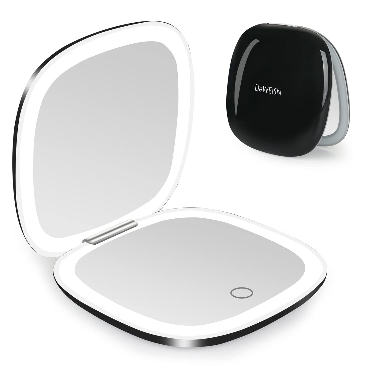 deweisn compact mirror front view showing sleek black finish and portability benefit
