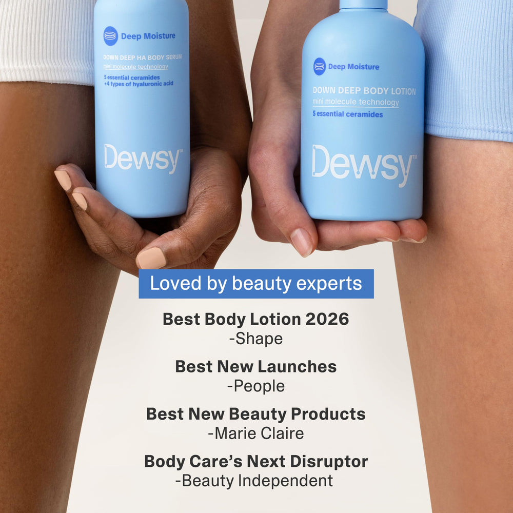 Applying Dewsy lotion to forearm to demonstrate smooth hydration feel