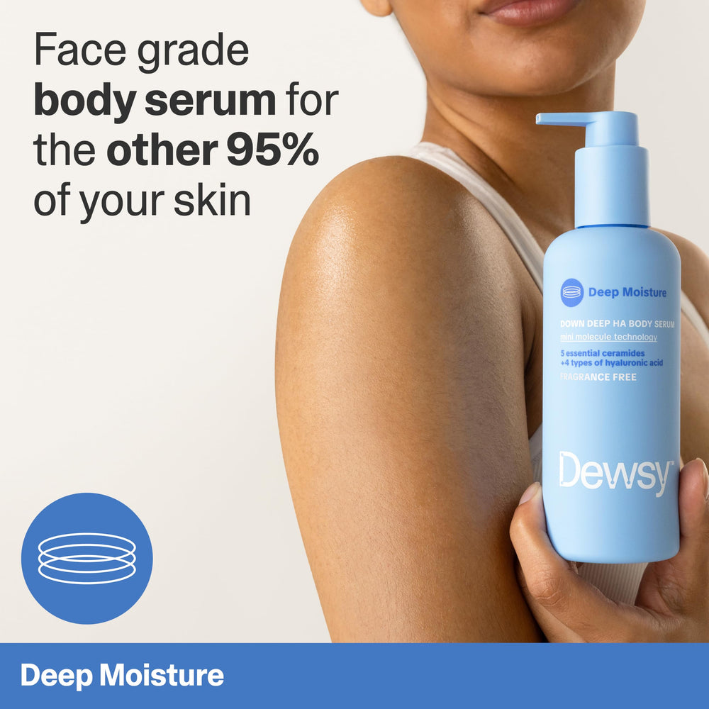 Dewsy paired with Down Deep Body Lotion demonstrating treat-then-seal routine benefit