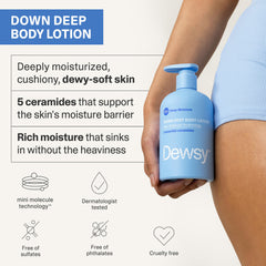 Dewsy lotion spread texture close-up showing fast-absorbing, non-greasy finish