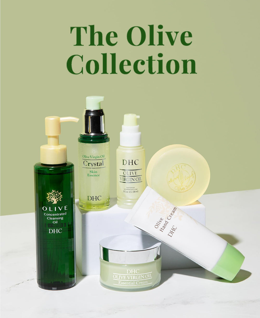 DHC olive soap on bathroom vanity implying daily gentle cleanse benefit
