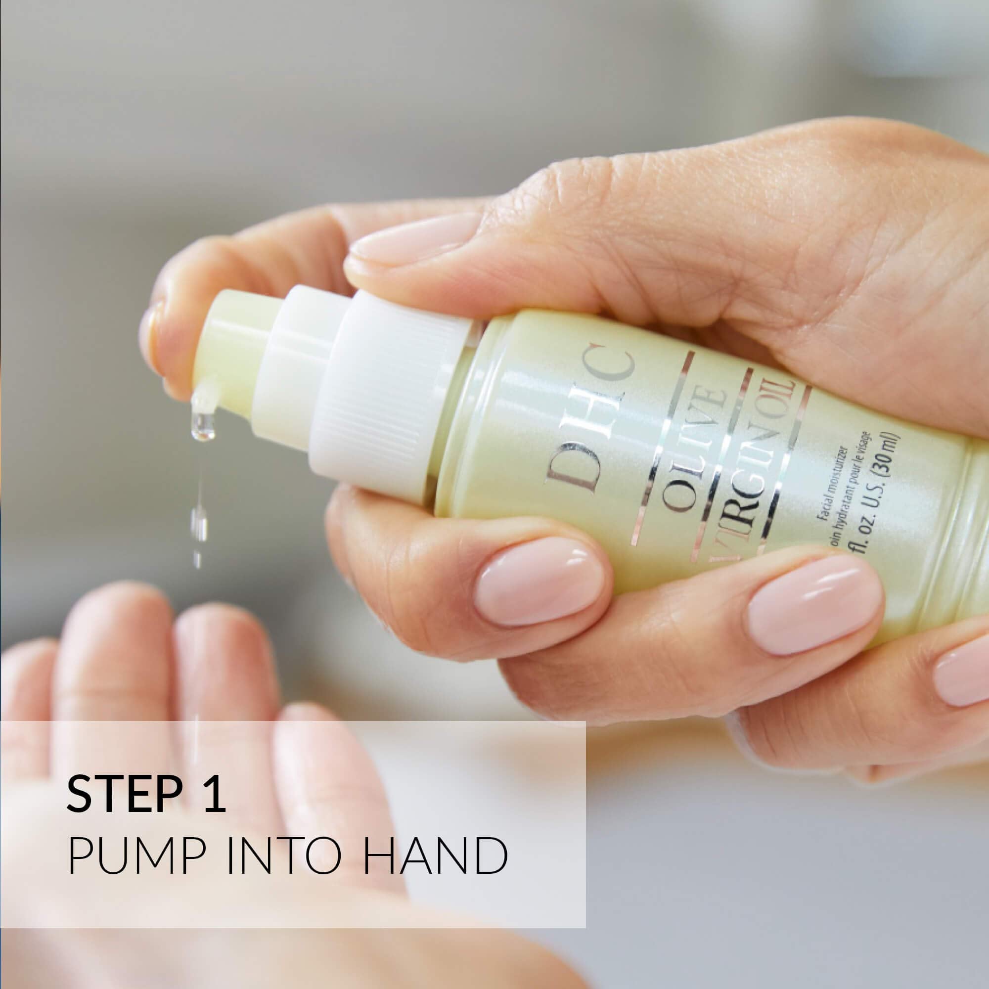 Applying DHC oil to face showing hydration and glow benefit