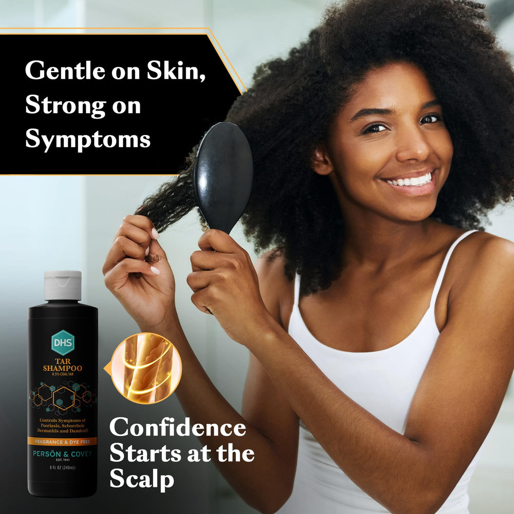 DHS coal tar shampoo in bathroom setting suggesting daily routine compatibility benefit