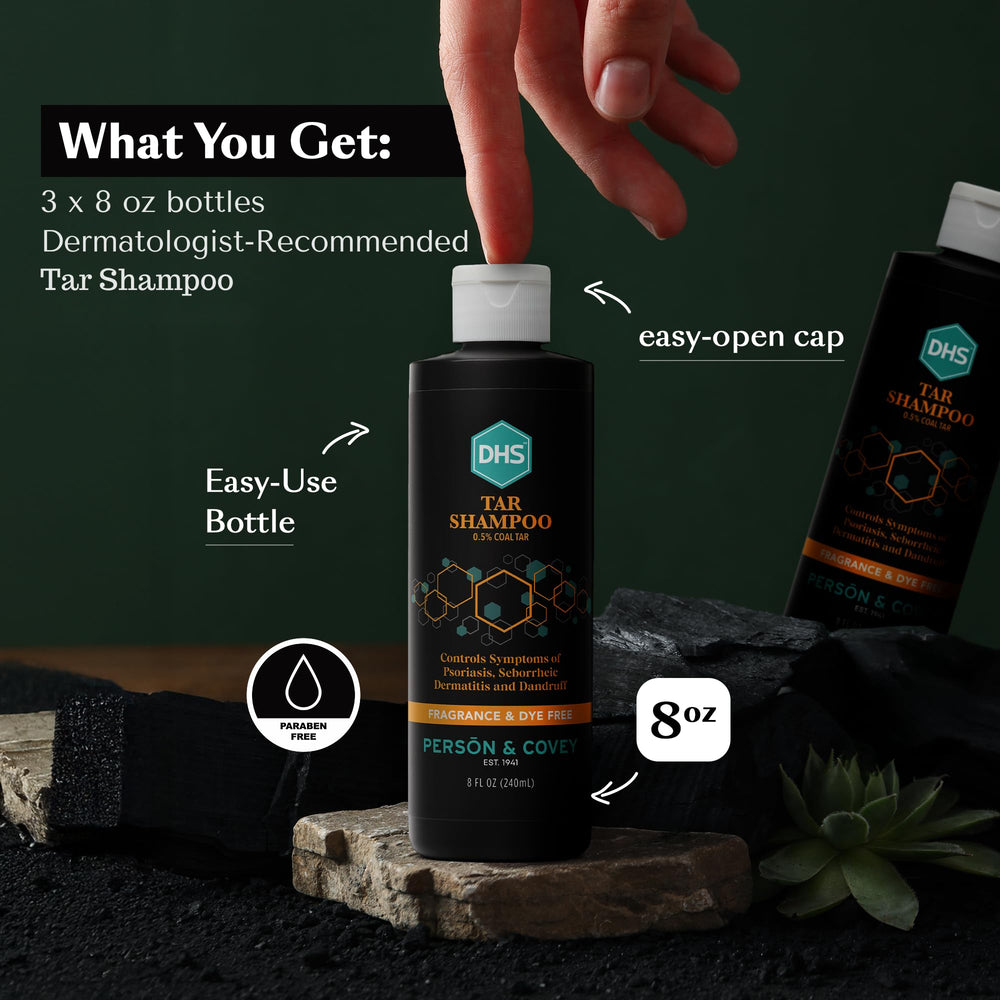 DHS coal tar shampoo cap and dispensing detail for mess-free dosing benefit