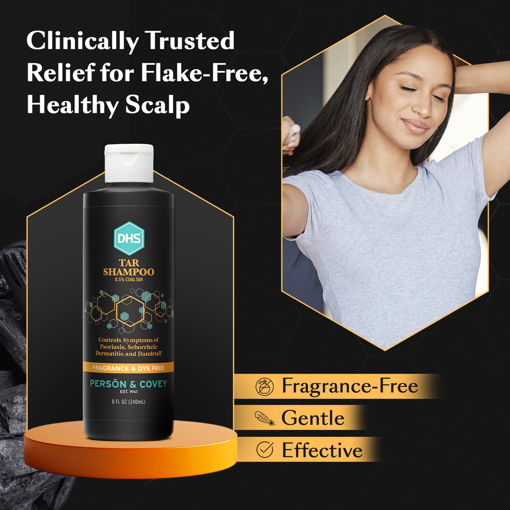 DHS coal tar shampoo texture pouring from bottle demonstrating controlled application benefit