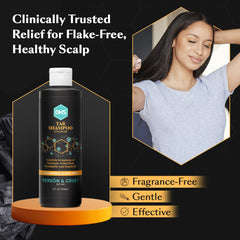 DHS coal tar shampoo texture pouring from bottle demonstrating controlled application benefit