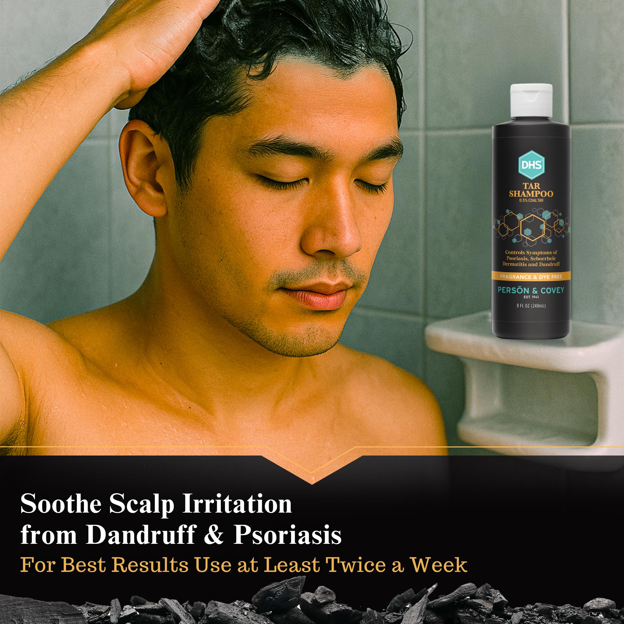 DHS coal tar shampoo in-use on scalp showing flake loosening benefit