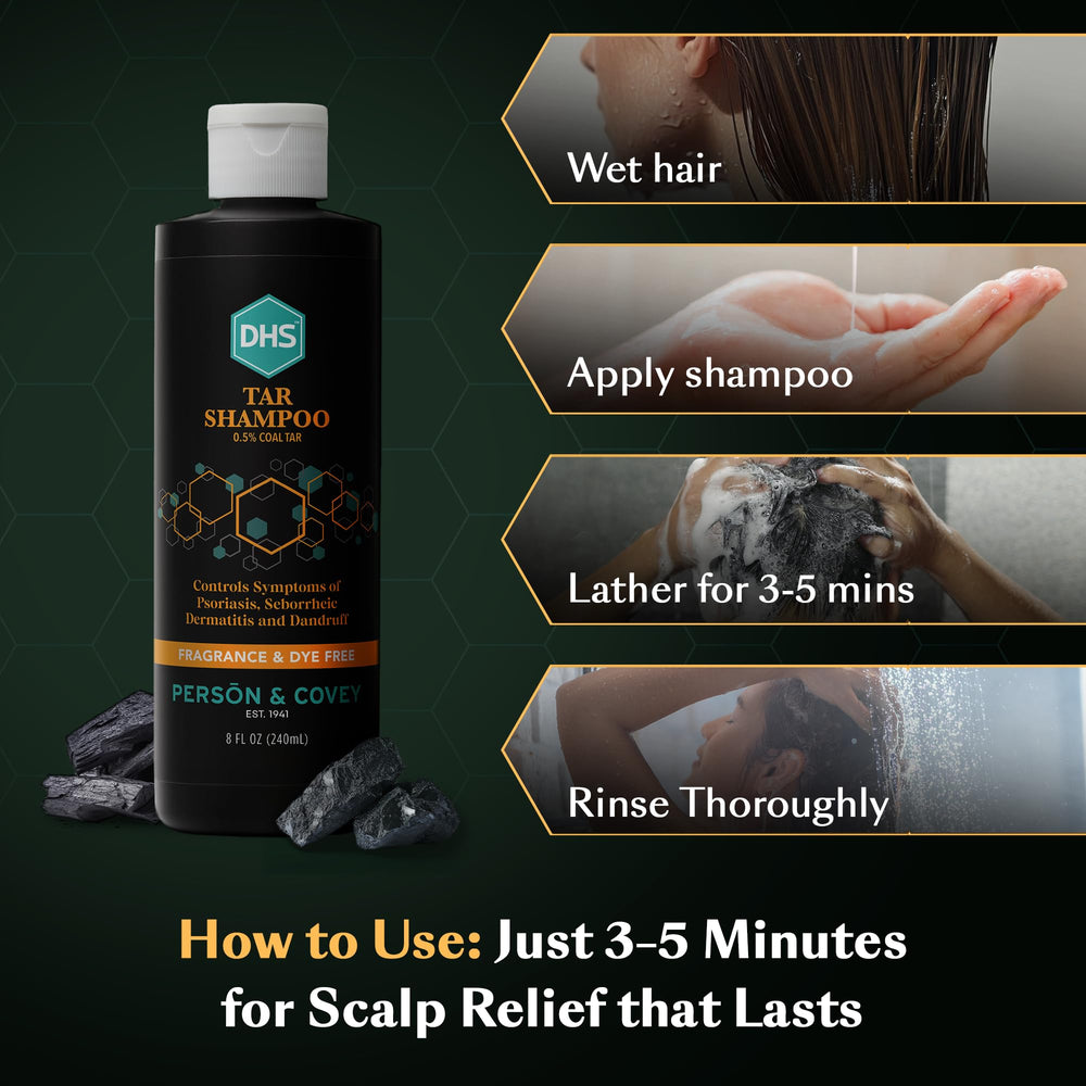 DHS coal tar shampoo held in hand to show 8 fl oz scale and travel convenience benefit