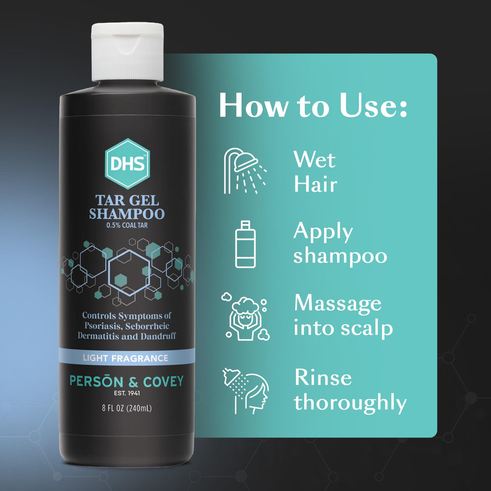 DHS T Gel label close-up revealing refined coal tar ingredient and usage directions
