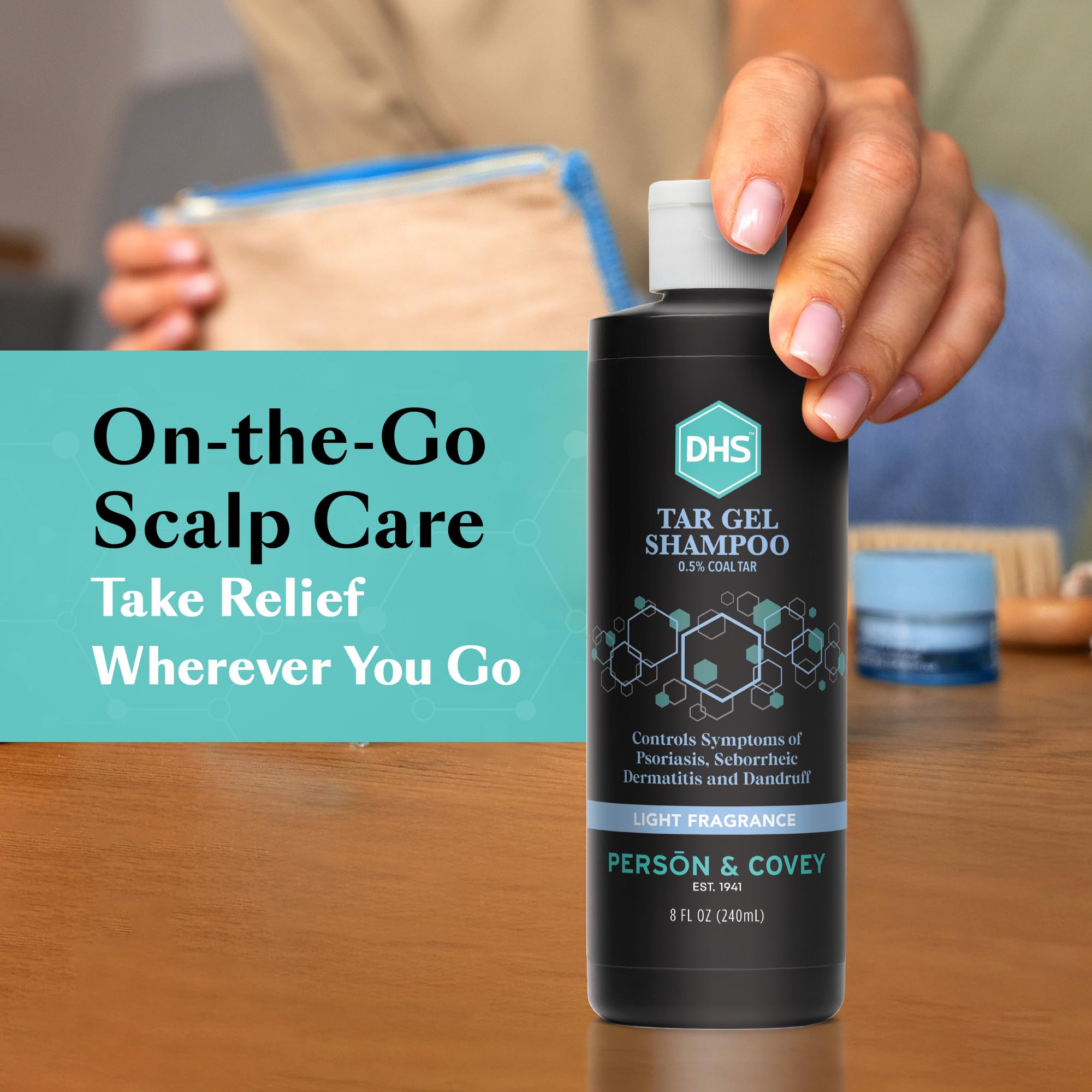 DHS T Gel on bathroom shelf in lifestyle scene showing attractive routine-ready product