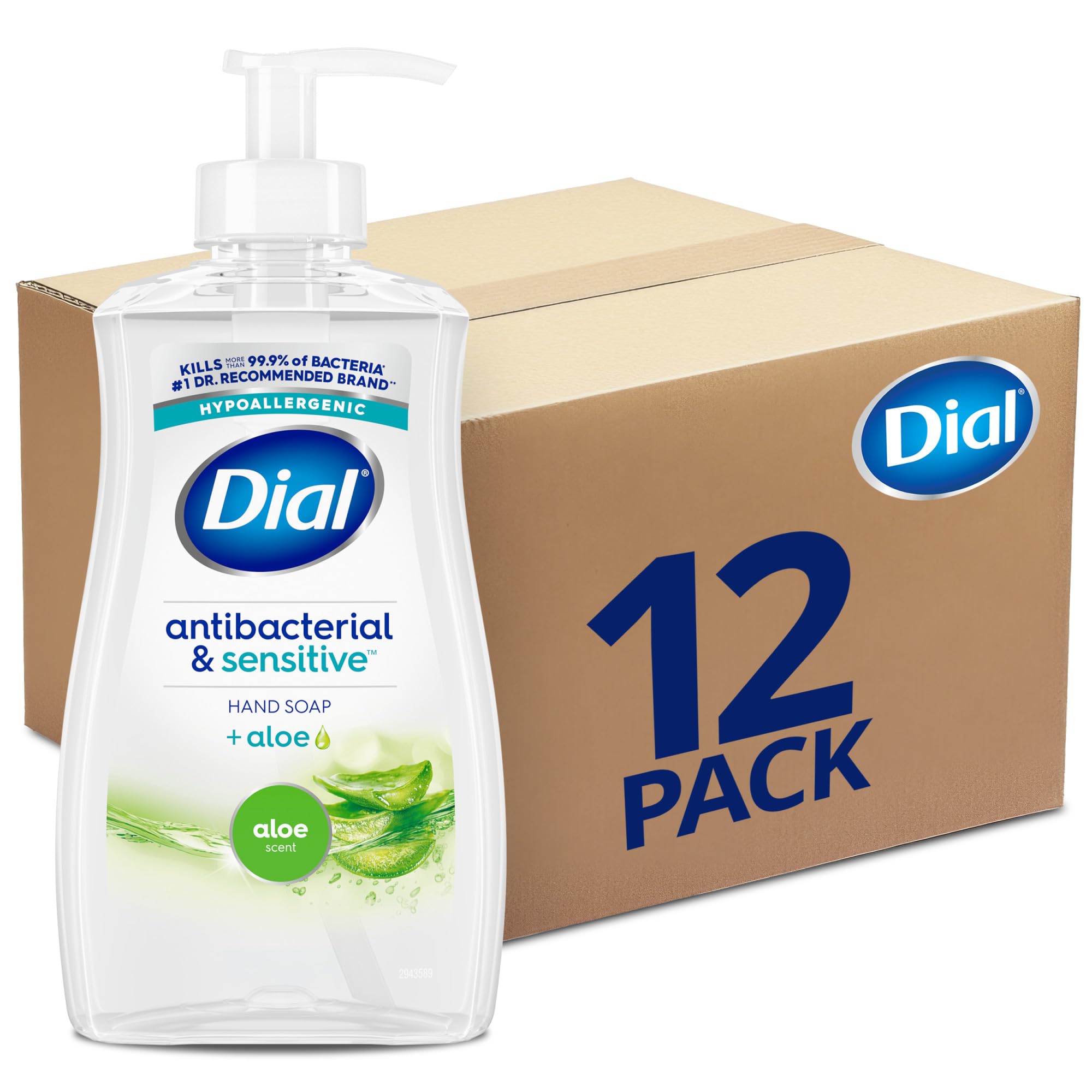 Dial aloe front packaging showing bottle and label, clear antibacterial benefit