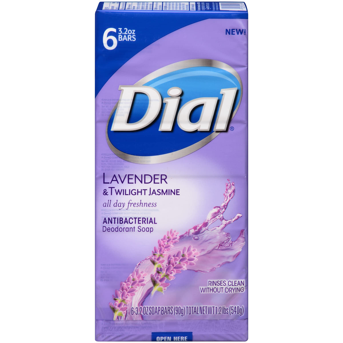 Dial bar front packaging showing six lavender-scented bars and useful benefits