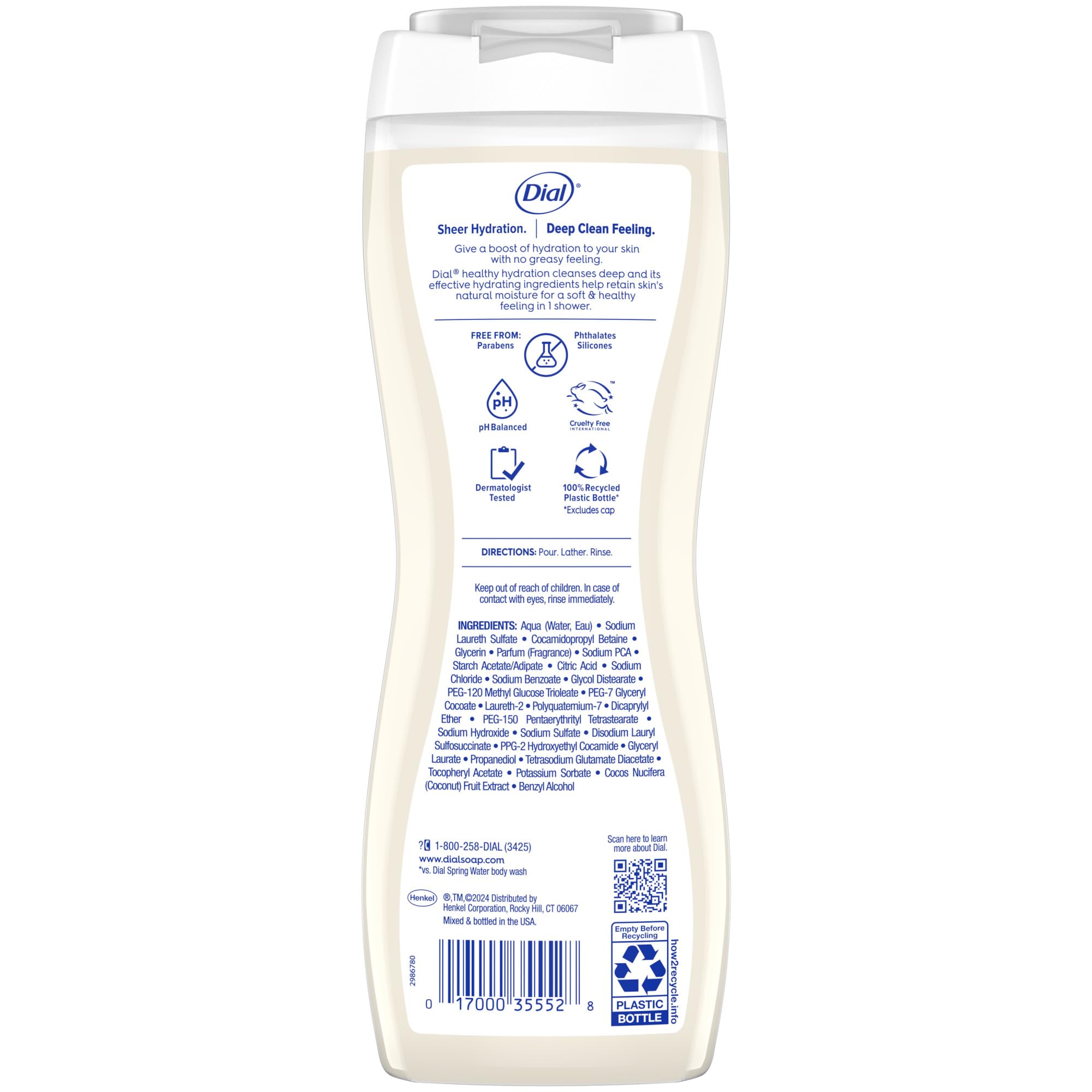 Coconut milk visual beside Dial bottle indicating natural-feeling hydration benefit