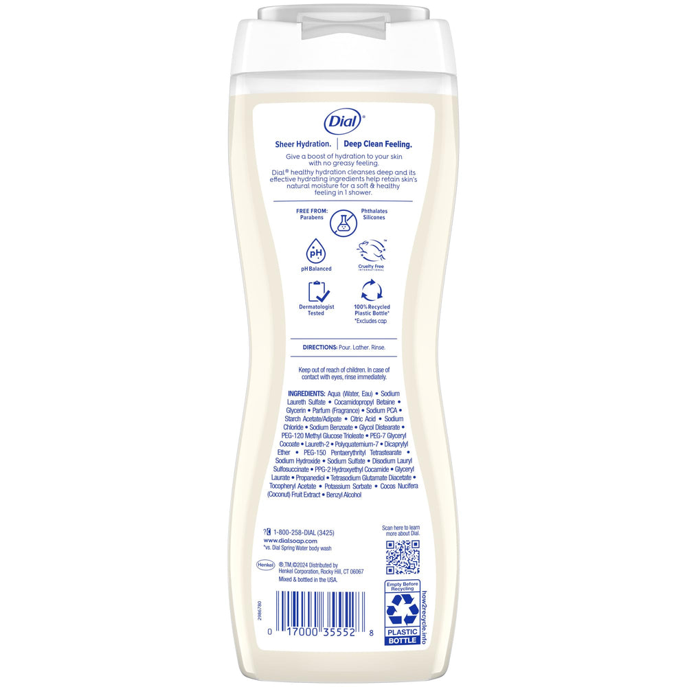 Coconut milk visual beside Dial bottle indicating natural-feeling hydration benefit