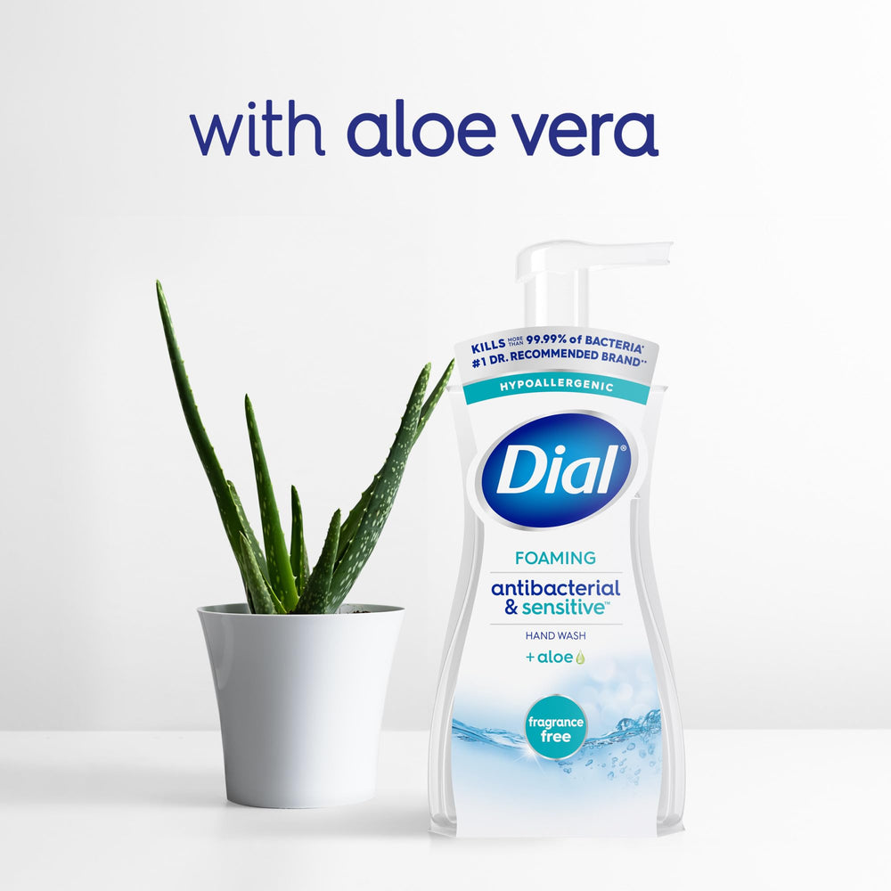 Dial 7.5 fl oz bottle next to a soda can showing compact travel-friendly size